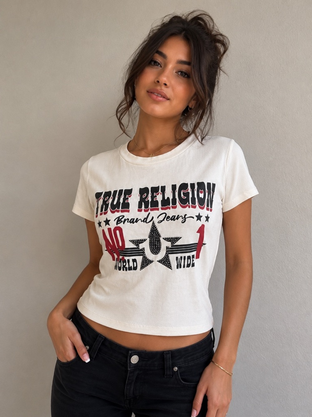 NWT True Religion White Ribbed White Crop Tee with Red & Navy Accents